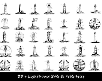 Puede incluir: Una colección de más de 35 ilustraciones de faros en blanco y negro. Los faros se representan en varios estilos, incluyendo dibujos de líneas simples e ilustraciones más detalladas. Algunos faros se muestran en costas rocosas, mientras que otros están rodeados de olas. El texto "35+ Lighthouse SVG & PNG Files" está en la parte inferior de la imagen.