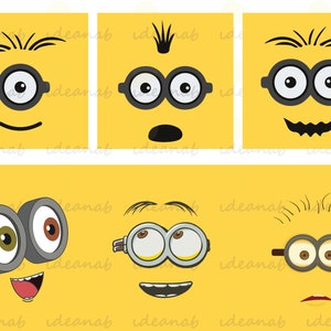 May include: Six different expressions of a yellow minion character with black eyes, eyebrows, and hair. The minion has a black mouth and a black mustache in one expression. The minion has a black mouth and a black tooth in another expression. The minion has a black mouth and a black tongue in another expression. The minion has a black mouth and a black smile in another expression. The minion has a black mouth and a black frown in another expression. The minion has a black mouth and a black eye in another expression.