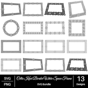 May include: A collection of 13 black and white digital graphic frames featuring intricate Celtic knot border designs. The set includes various rectangular and circular shapes with open centers, presented as an SVG and PNG bundle for design projects.