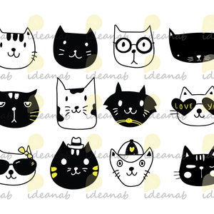 May include: A set of ten black and white cat illustrations with various expressions and accessories. The cats are drawn in a simple, cartoon style and have yellow accents. Some of the cats are wearing sunglasses, hats, and heart-shaped glasses.