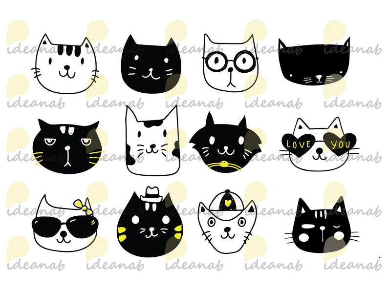 May include: A set of ten black and white cat illustrations with various expressions and accessories. The cats are drawn in a simple, cartoon style and have yellow accents. Some of the cats are wearing sunglasses, hats, and heart-shaped glasses.