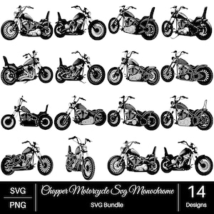 Puede incluir: Una colección de 14 ilustraciones en silueta en blanco y negro de motocicletas chopper en varias poses. El texto en la parte inferior dice SVG, PNG, Chopper Motorcycle Svg Monochrome, SVG Bundle y 14 Designs. Cada motocicleta tiene un marco distinto.