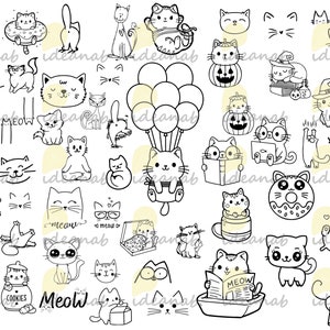 May include: A black and white digital clip art set featuring various illustrations of cats in different poses and activities. The set includes cats wearing hats, holding books, eating donuts, and more. The word "Meow" appears multiple times in the image.