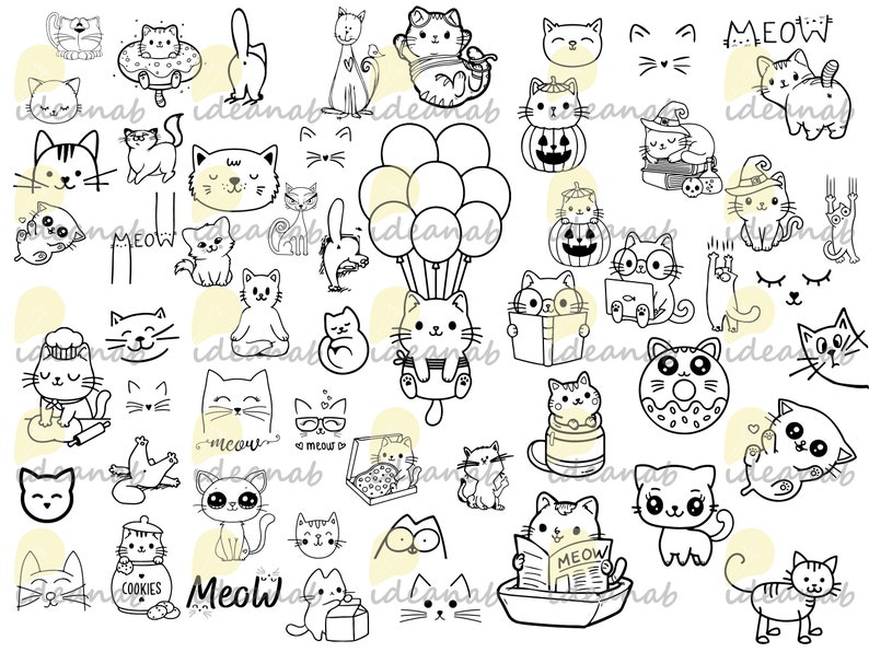 May include: A black and white digital clip art set featuring various illustrations of cats in different poses and activities. The set includes cats wearing hats, holding books, eating donuts, and more. The word "Meow" appears multiple times in the image.