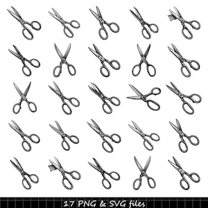 Puede incluir: Patrón de tijeras negras sobre fondo blanco. Las tijeras están representadas en varias posiciones, algunas abiertas y otras cerradas. El texto "17 PNG & SVG files" está incluido en la parte inferior de la imagen.