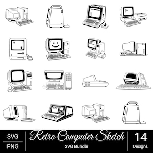Puede incluir: Una colección de 14 ilustraciones de arte lineal en blanco y negro que muestran varios sistemas informáticos antiguos, monitores, teclados y periféricos. El conjunto gráfico incluye torres de escritorio, computadoras portátiles y diseños clásicos.