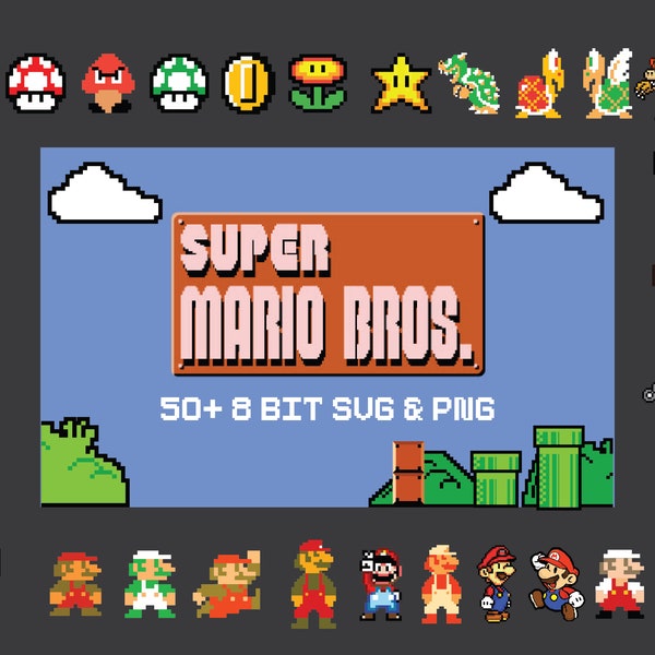 Mario SVG Bundle, Mario 8 bit SVG, Super Mario svg, Mario Kart svg Files, Mario Bros svg, Mario Characters svg, Mario Bros PNG