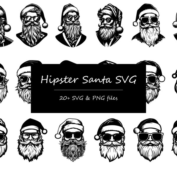 Hipster Santa SVG, Hipster Santa PNG, Santa Hat SVG, Black Santa svg, Santa Face svg, Santa Biker svg, Funny Santa svg, Cool Santa svg