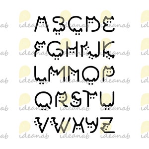 May include: Black and white alphabet with each letter designed to look like a cat. The letters are in uppercase and are arranged in alphabetical order.
