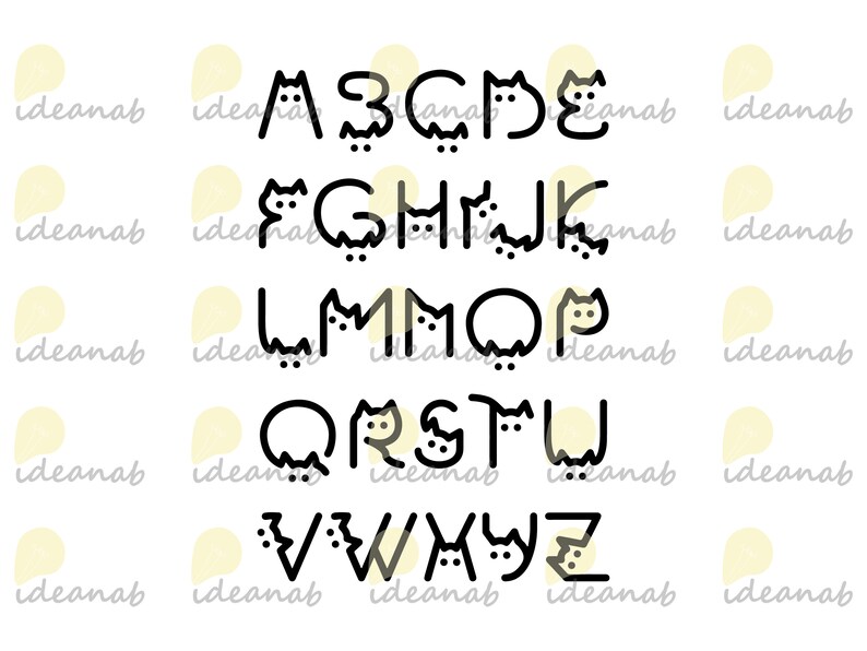 May include: Black and white alphabet with each letter designed to look like a cat. The letters are in uppercase and are arranged in alphabetical order.
