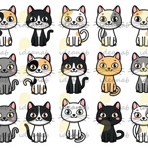 May include: Set of 12 cartoon cat illustrations featuring various color combinations and poses. The cats are all sitting with their tails curled around their legs.