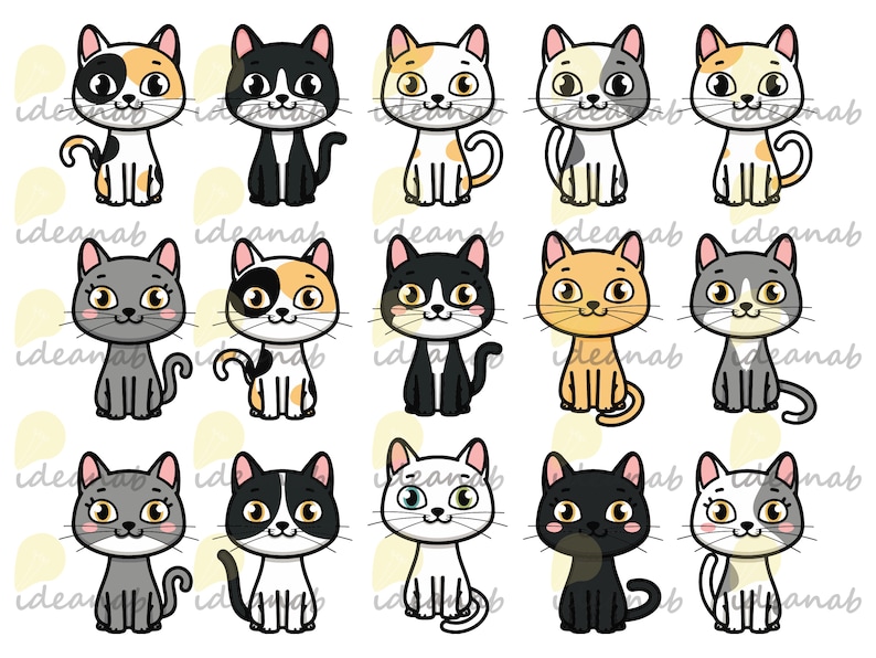 May include: Set of 12 cartoon cat illustrations featuring various color combinations and poses. The cats are all sitting with their tails curled around their legs.