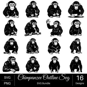 Puede incluir: Una colección de 16 ilustraciones en blanco y negro de chimpancés en varias posturas, incluyendo sentado, de pie y alcanzando. El conjunto gráfico está etiquetado como Chimpanzee Outline Svg bundle, con 16 diseños distintos en formatos Svg y Png.
