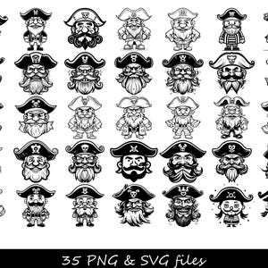 May include: A set of 35 black and white pirate character illustrations. Each pirate character is wearing a different hat and has a different facial expression. The characters are all in a cartoon style.