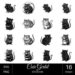 May include: A digital collection of 16 black and white illustrations featuring gerbils in various poses. The graphic set includes individual drawings of small rodents with whiskers and long tails. The text Cute Gerbil SVG Bundle 16 Designs is visible.