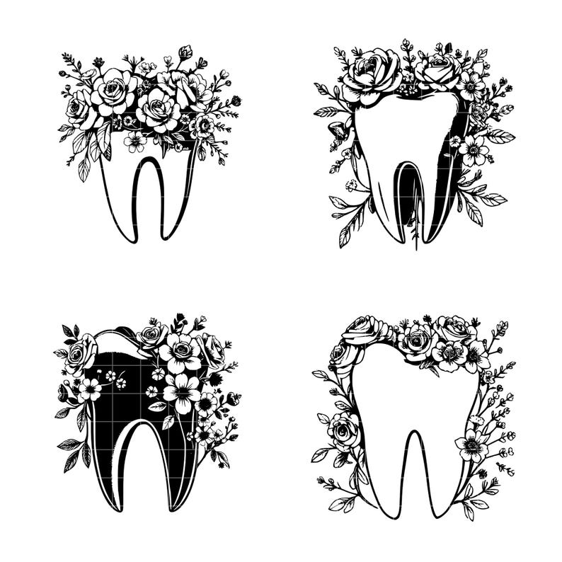 Teeh With Roses Floral Tooth SVG, Floral Tooth PNG, Dental Flower Design, Tooth With ...