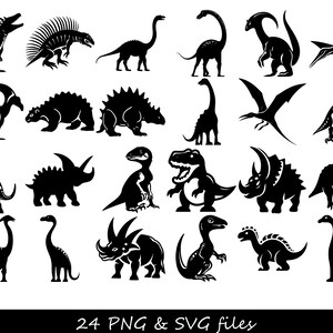 May include: A set of 24 black and white silhouette illustrations of dinosaurs. The dinosaurs are in various poses, including standing, walking, and running. The illustrations are perfect for use in a variety of projects, such as scrapbooking, card making, and digital design.