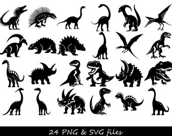 May include: A set of 24 black and white silhouette illustrations of dinosaurs. The dinosaurs are in various poses, including standing, walking, and running. The illustrations are perfect for use in a variety of projects, such as scrapbooking, card making, and digital design.