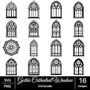 Könnte beinhalten: Eine Sammlung von 16 schwarz-weißen digitalen Illustrationen mit verschiedenen gotischen Kathedralfenster-Designs, einschließlich Bogenrahmen und runden Rosettenfenstern. Der Text unten lautet SVG, PNG, Gothic Cathedral Window, SVG Bundle, 16 Designs.