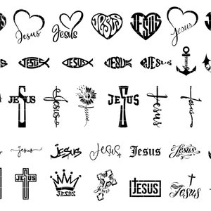 May include: A collection of black and white digital designs featuring various Christian symbols and the word "Jesus". The designs include hearts, crosses, fish, anchors, and crowns.
