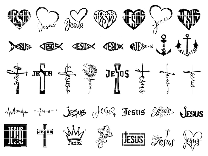 May include: A collection of black and white digital designs featuring various Christian symbols and the word "Jesus". The designs include hearts, crosses, fish, anchors, and crowns.