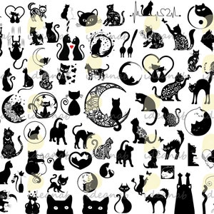 May include: A collection of black cat silhouettes in various poses, including sitting, standing, and jumping. The cats are depicted in a variety of styles, including simple outlines, detailed illustrations, and stylized designs. Some cats are shown with hearts, yin-yang symbols, and other decorative elements.