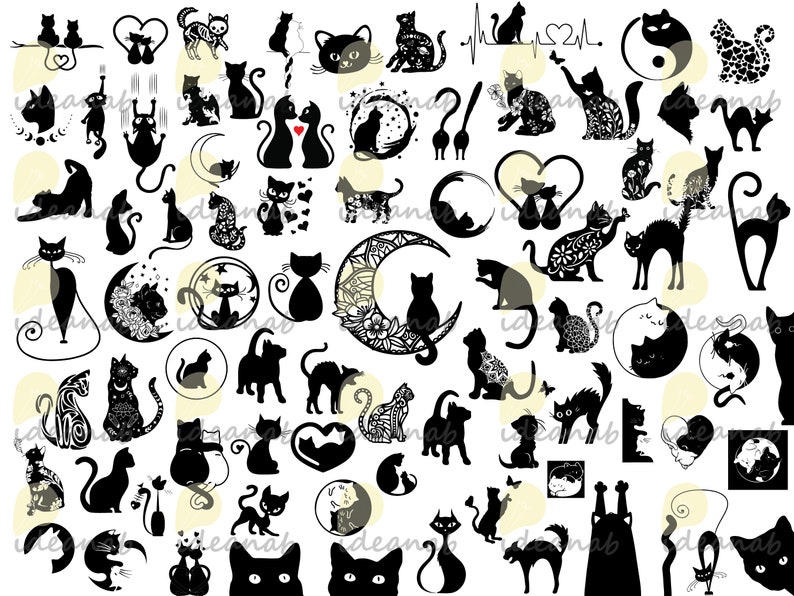 May include: A collection of black cat silhouettes in various poses, including sitting, standing, and jumping. The cats are depicted in a variety of styles, including simple outlines, detailed illustrations, and stylized designs. Some cats are shown with hearts, yin-yang symbols, and other decorative elements.