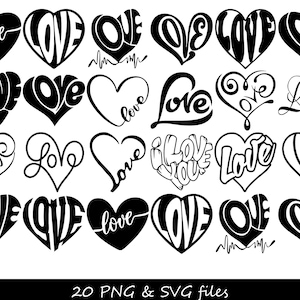 Może przedstawiać: Dwudzieścia czarno-białych wzorów w kształcie serca z napisem "love" napisanym w różnych stylach. Wzory idealnie nadają się do rękodzieła, scrapbookingu lub tworzenia grafiki cyfrowej.