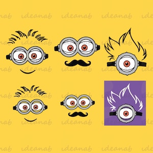 May include: A set of six printable Minion face cutouts. The cutouts feature different expressions, including a smiling Minion with goggles, a Minion with a single eye and goggles, and a Minion with a mustache. The cutouts are perfect for crafting and party decorations.