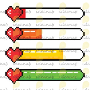 Pode incluir: Quatro barras de progresso no estilo pixel art com cora&ccedil;&otilde;es no in&iacute;cio de cada barra. As barras s&atilde;o preenchidas com cores diferentes, come&ccedil;ando com vermelho, depois laranja, amarelo e finalmente verde.
