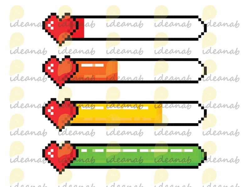 Pode incluir: Quatro barras de progresso no estilo pixel art com cora&ccedil;&otilde;es no in&iacute;cio de cada barra. As barras s&atilde;o preenchidas com cores diferentes, come&ccedil;ando com vermelho, depois laranja, amarelo e finalmente verde.