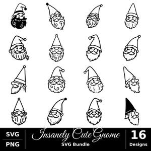 May include: A collection of 16 black and white gnome head illustrations featuring various expressions and hat styles. The text at the bottom reads Insanely Cute Gnome 16 Designs SVG Bundle. These graphic designs are presented in a grid format.