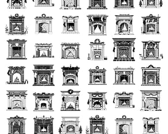 Puede incluir: Una colección de 27 diseños de chimeneas en blanco y negro. Cada diseño es una silueta detallada, algunos con decoraciones festivas como calcetines y coronas. La imagen incluye el texto "27 PNG & SVG files".