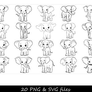 Peut inclure: Un ensemble de 20 dessins au trait en noir et blanc de bébés éléphants mignons dans différentes poses. Les éléphants ont de grandes oreilles, de petites trompes et de grands yeux. Les dessins sont parfaits pour une utilisation dans l'artisanat, le scrapbooking ou la conception numérique.