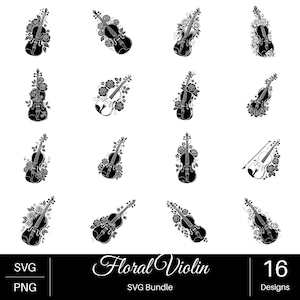 May include: A collection of 16 black and white digital illustrations featuring violins adorned with various floral arrangements. The set includes diverse compositions of string instruments intertwined with roses and leaves, labeled as a Floral Violin SVG Bundle.