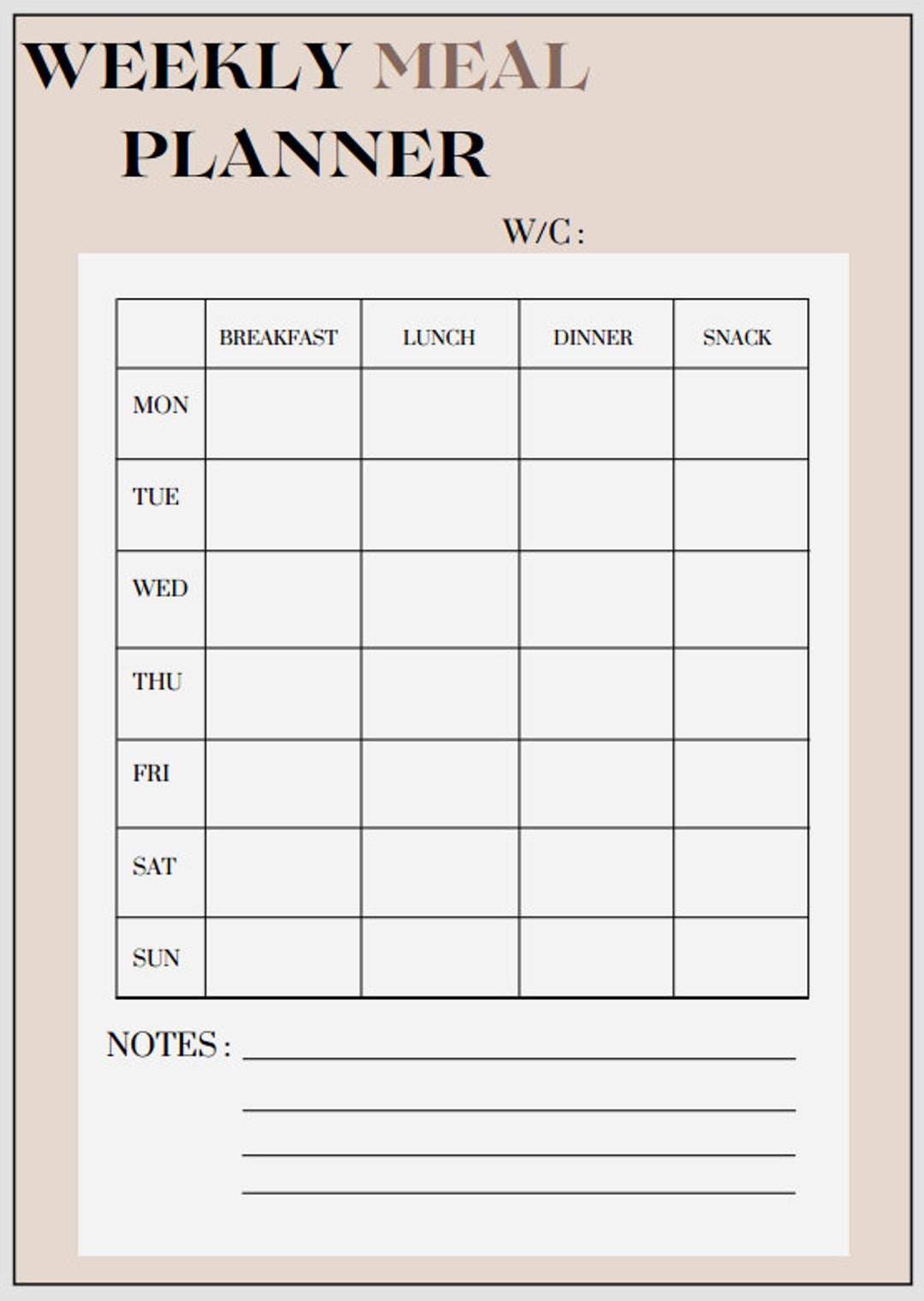 Weekly Meal Planner, 7 Day Menu Plan, Notes - Etsy