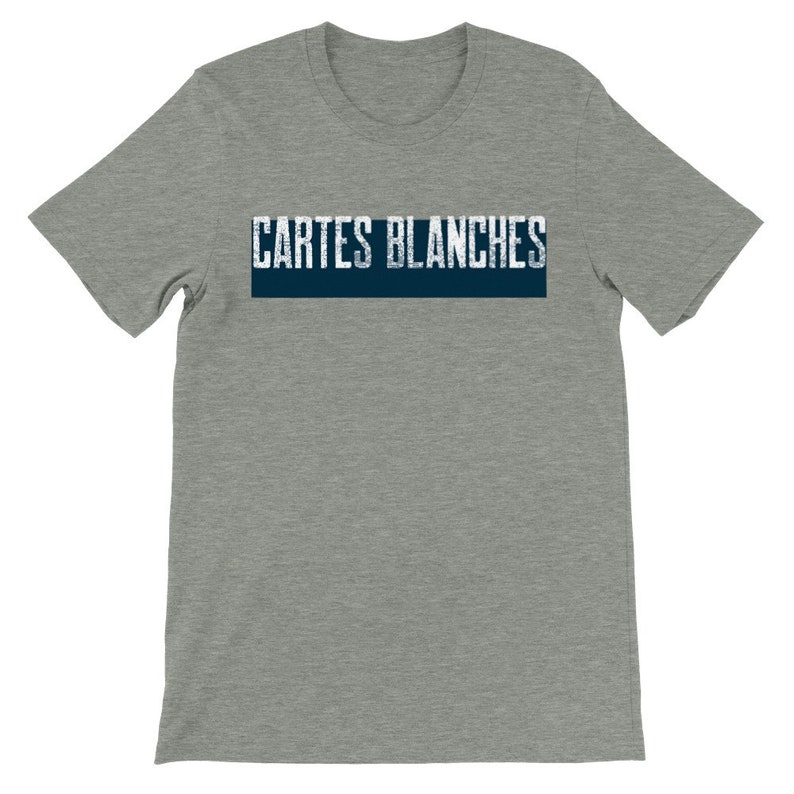 May include: Gray heather short sleeve t-shirt featuring a navy blue horizontal banner with the text 'Cartes Blanches' in a distressed, vintage-style white font. The shirt is a comfortable, casual style, suitable for everyday wear.  The design is simple yet stylish, making it a versatile addition to any wardrobe. The t-shirt is made of a soft, breathable fabric for ultimate comfort.