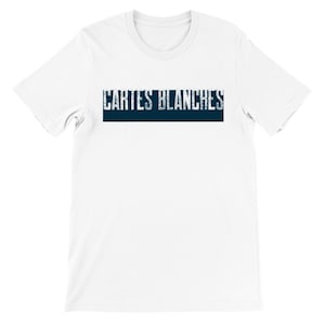 May include: White short sleeve t-shirt featuring a navy blue horizontal band with the text 'CARTES BLANCHES' in a distressed, vintage-style font. The shirt is a classic crew neck style and appears to be made of a soft, comfortable cotton material.  The overall design is simple and minimalist, suitable for casual wear.
