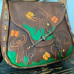 Vintage 1970s Tooled Leather Mushroom and Butterfly Shoulder 