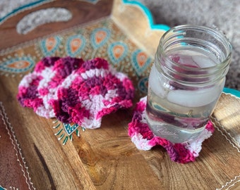 Crochet Coaster Set- Pink Ruffle// Reclaimed Yarn!