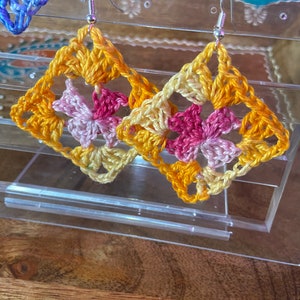 Crochet Earrings// Reclaimed Yarn Granny Square (Y,P)