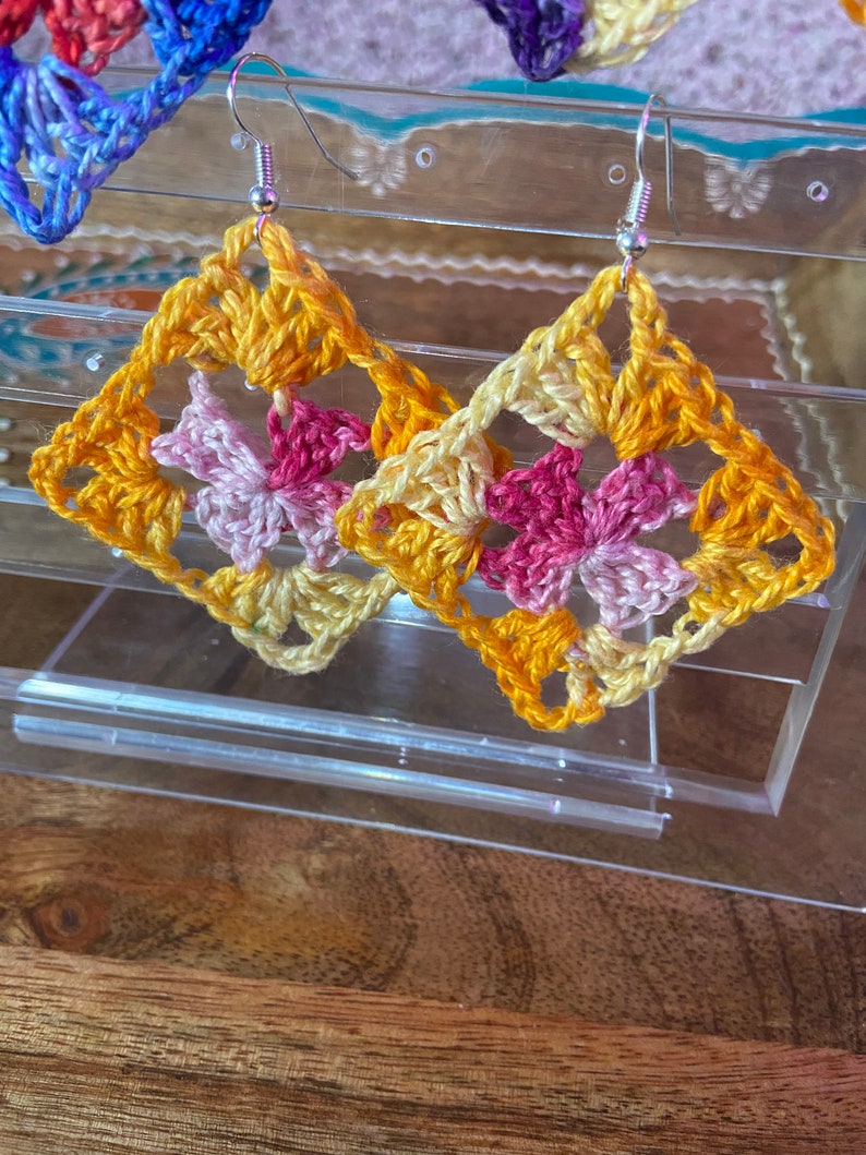 Crochet Earrings// Reclaimed Yarn Granny Square (Y,P)