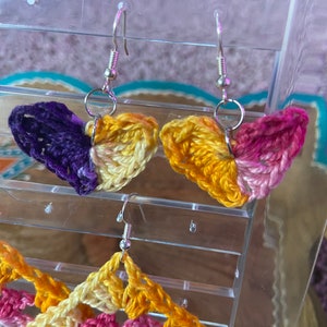 Crochet Earrings// Reclaimed Yarn Heart (P,Y,P)