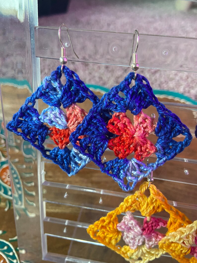 Crochet Earrings// Reclaimed Yarn Granny Square (B,P)