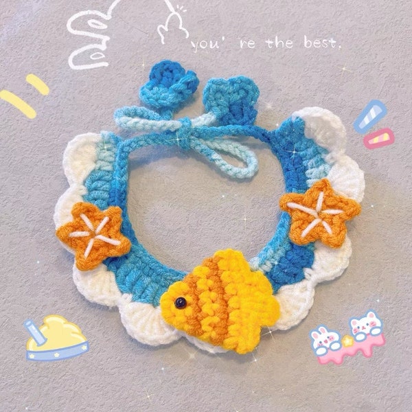 Knitted Cat Collar with Adorable Fish Pattern | Tie Up Closure | Adjustable Knitted Pet Collar | Cute Fish Cat Collar | Soft and Cozy