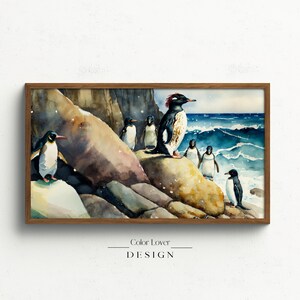Penguins TV Art | Penguins Rockhoppers Paysage Aquarelle Peinture Samsung Cadre TV Art LG Digital Wall Art