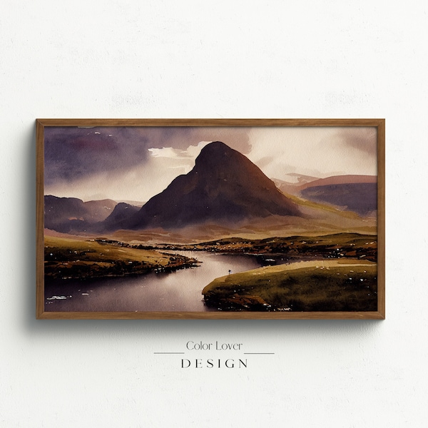 Scotland Frame TV Art | Moody Scottish Highlands Samsung Frame TV Art Landscape Watercolor Painting Digital Wall Art