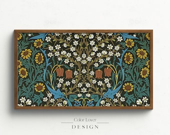 May include: A framed print of a vintage floral pattern with a dark green background, featuring white flowers, blue birds, and orange bell-shaped flowers. The frame is brown wood.