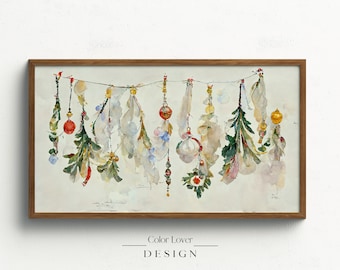 Christmas Frame TV Art | Samsung Frame TV Art Christmas Garland Ornaments Pine Bough Watercolor Painting | Winter Holiday Digital Wall Art