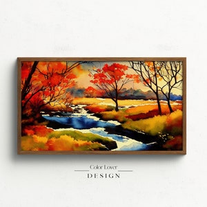 Autumn Frame TV Art | Fall Trees Samsung Frame TV Art | Forest Stream Landscape Watercolor Painting | Samsung TV Art Autumn Fall